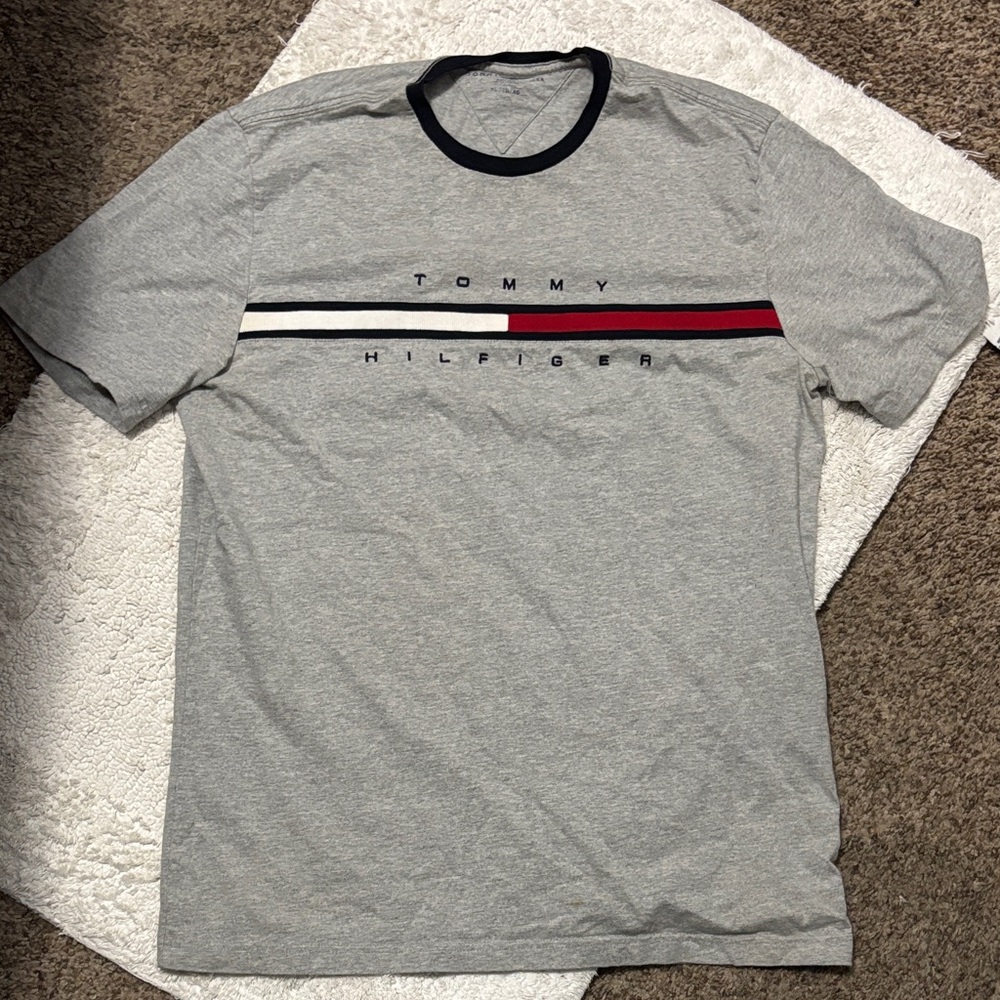Tommy Hilfiger Gray Tee with Red and Black Stripes